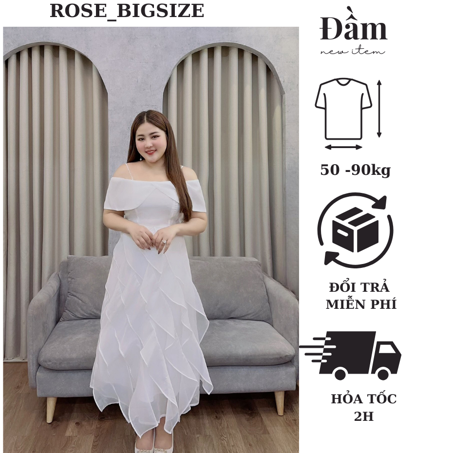 Váy đầm bigsize nữ dự tiệc đi chơi sang chảnh, đầm tua rua bèo trễ vai dành cho các nàng béo 50-90kg