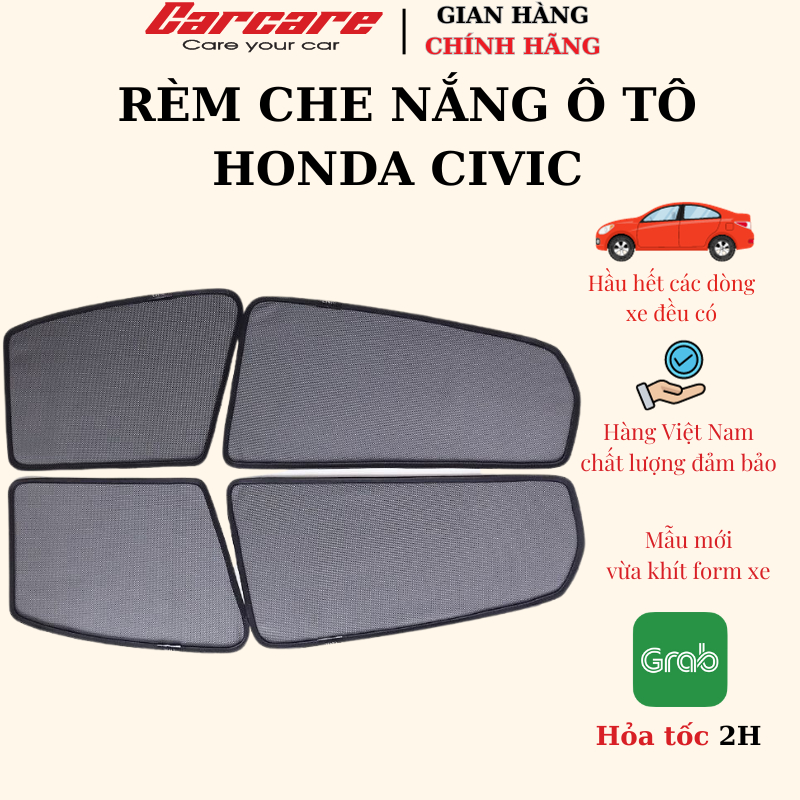 Rèm Che Nắng Theo Xe Honda Civic 2004-2012, 2013- 2016,2017-2021,2022-2023- Bộ 4 Tấm Dính Nam Châm