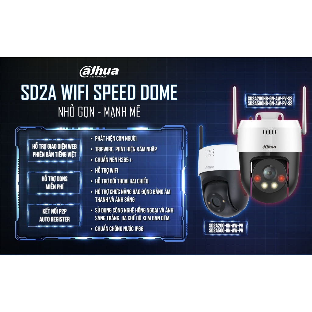 Camera PTZ wifi ngoài trời DAHUA SD2A500HB-GN-AW-PV-S2 5MP hồng ngoại full màu, đối thoại 2 chiều kèm còi báo động Komex