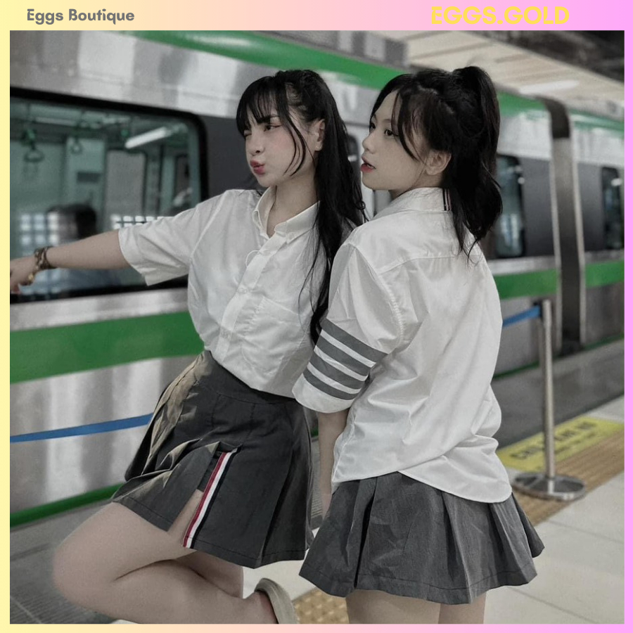 Áo sơ mi nữ kẻ tay màu trắng mặc đi học, đi chơi đẹp hoạ tiết vạch tay thêu