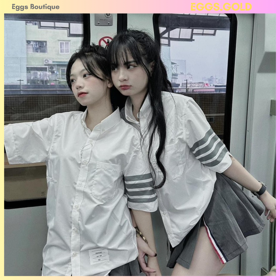 Áo sơ mi nữ kẻ tay màu trắng mặc đi học, đi chơi đẹp hoạ tiết vạch tay thêu