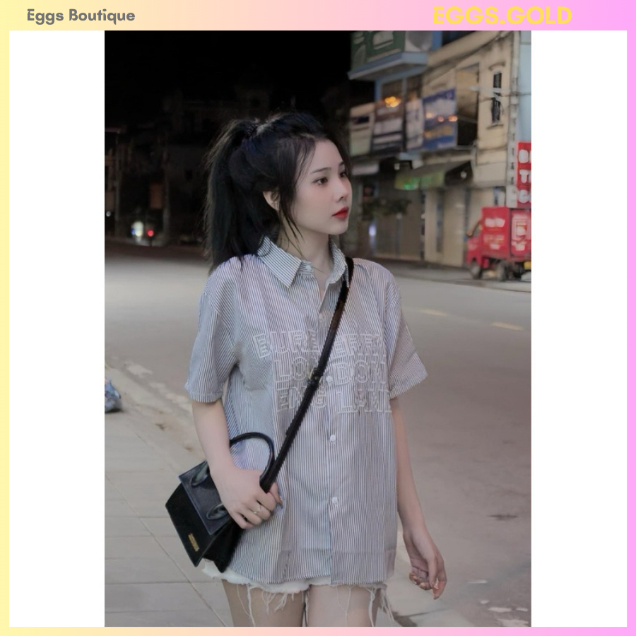 Áo Sơ mi kẻ Cộc Tay Hoạ Tiết Kẻ Dễ Thương,  Áo Sơ Mi Tay Lỡ Kẻ Sọc đẹp