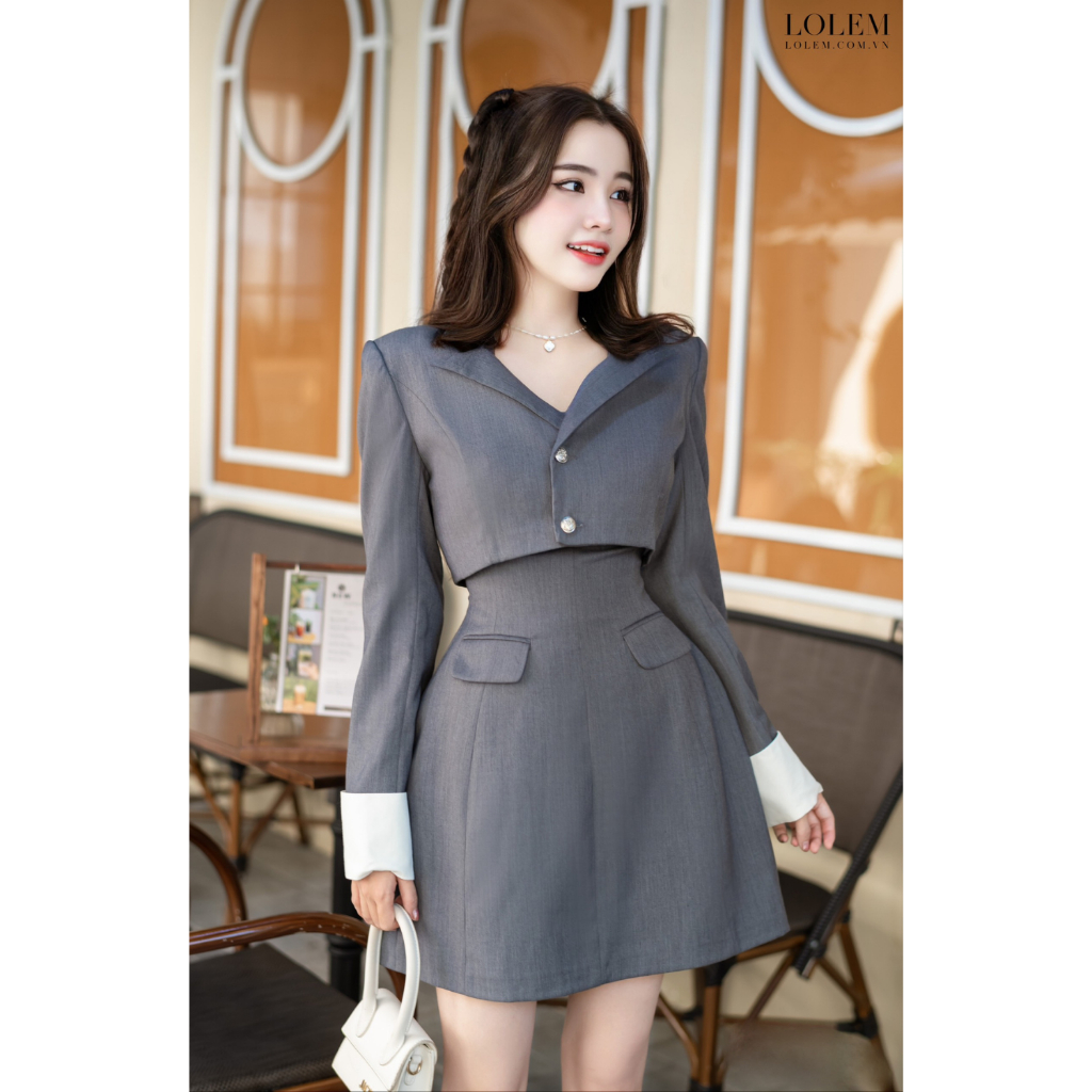 Váy nữ kèm áo khoác croptop LOLEM SV254 chất chéo xước cao cấp