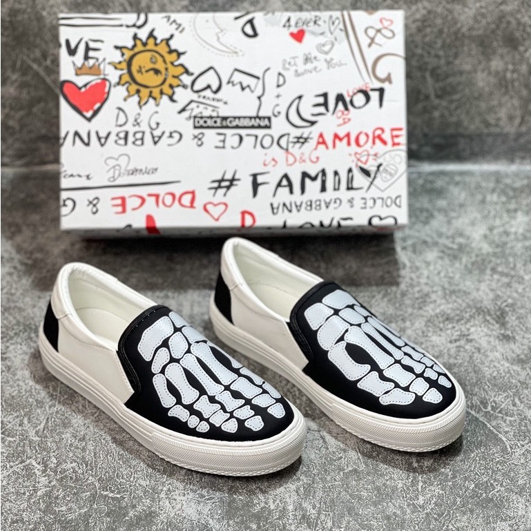 Giày Slip-on nam Giày lười nam chất liệu vải canvas máy hoạ tiết xương bàn chân 2 màu thời trang