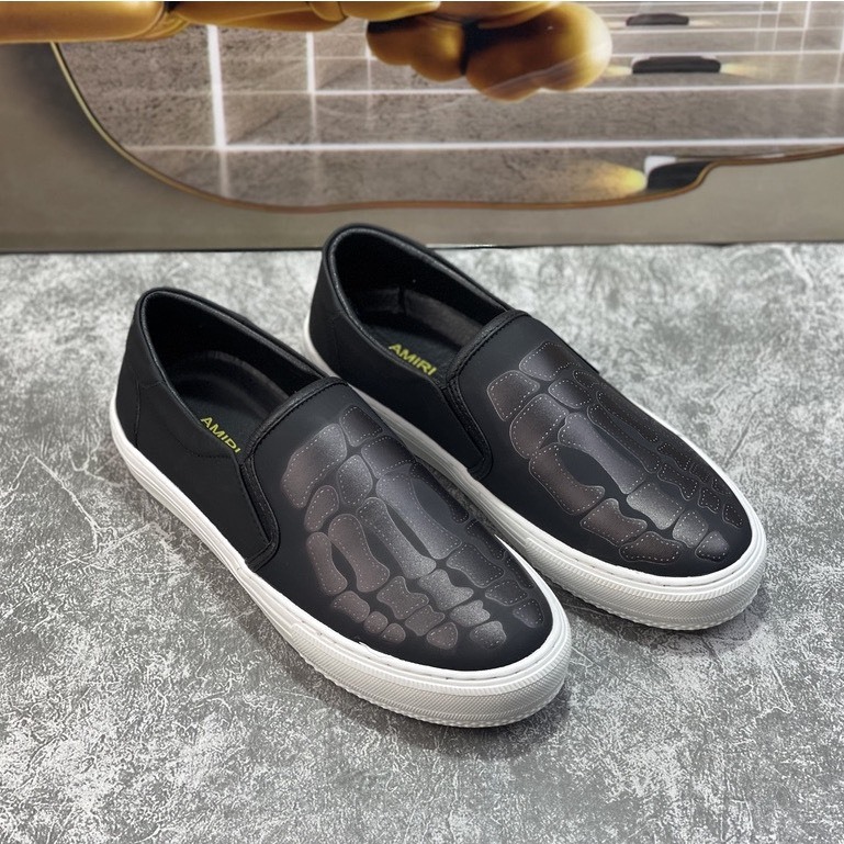 Giày Slip-on nam Giày lười nam chất liệu vải canvas máy hoạ tiết xương bàn chân 2 màu thời trang