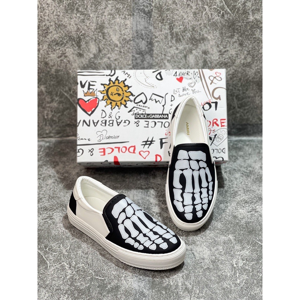 Giày Slip-on nam Giày lười nam chất liệu vải canvas máy hoạ tiết xương bàn chân 2 màu thời trang