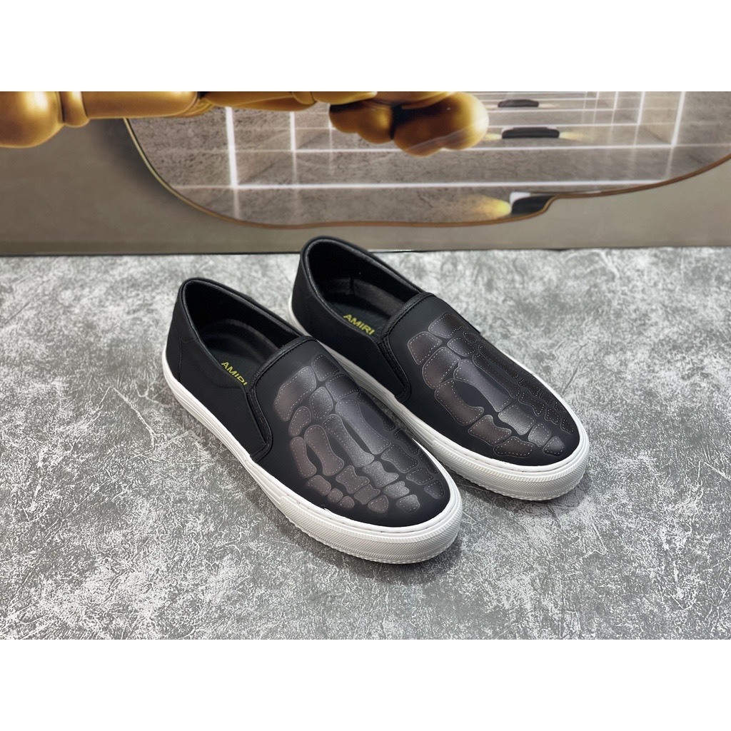 Giày Slip-on nam Giày lười nam chất liệu vải canvas máy hoạ tiết xương bàn chân 2 màu thời trang