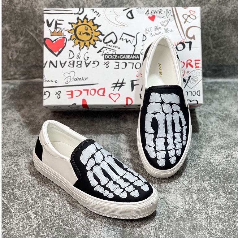 Giày Slip-on nam Giày lười nam chất liệu vải canvas máy hoạ tiết xương bàn chân 2 màu thời trang