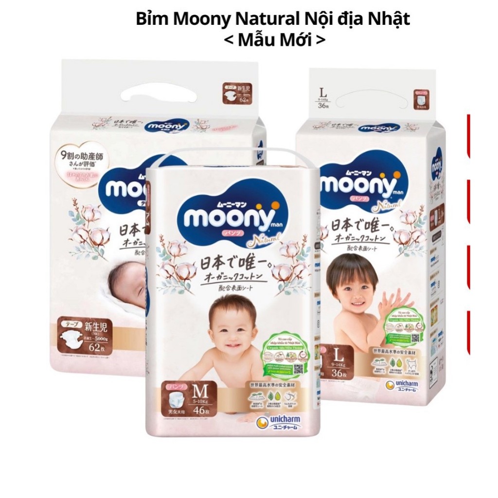 (TẶNG 1 HỘP KHẨU TRANG 50C ) COMBO 2 BỊCH BỈM MOONY TRẮNG NATURAL NB62 S58 M46 L36 XL32