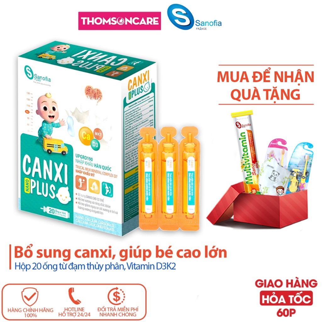 Canxi cho bé - Canxi Nano Plus, giúp xương răng chắc khỏe, giảm còi xương, tăng chiều cao từ Vitamin D3K2 - Hộp 20 ống