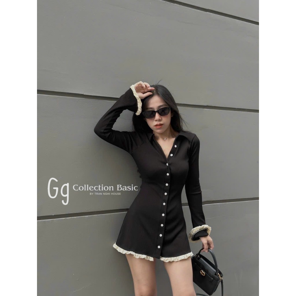 Đầm váy nữ body dài tay kết cổ sơ mi phối viền bèo đính nút xinh xắn với tone màu đen basic tôn da, tôn dáng