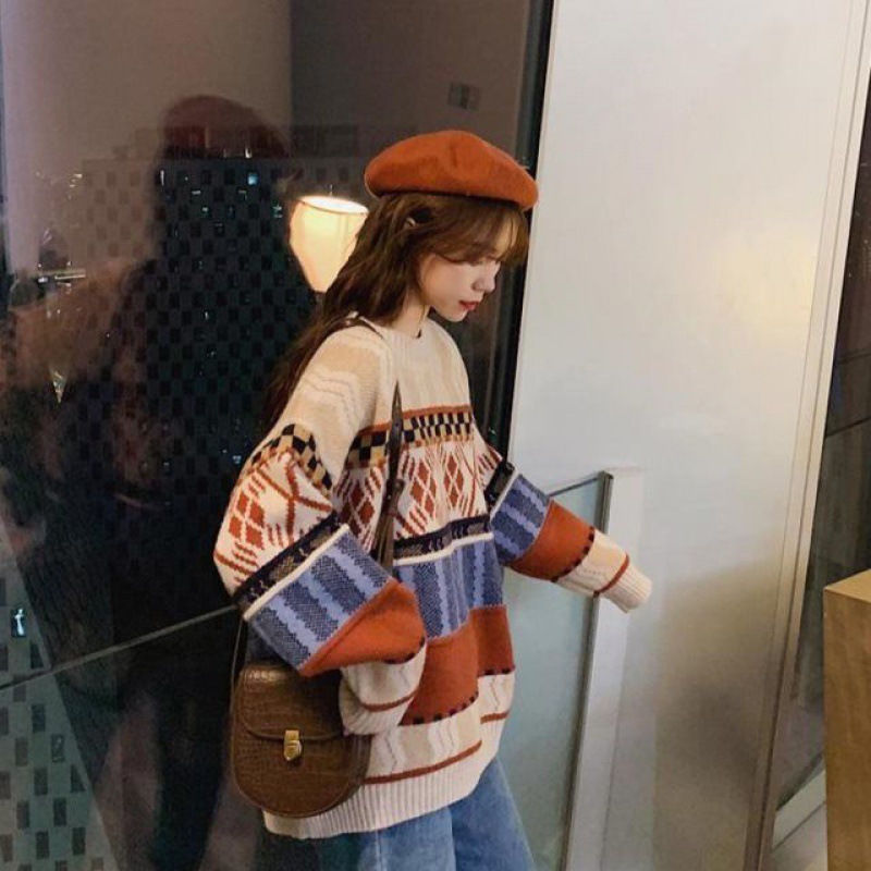 Áo len họa tiết thổ cẩm dài tay INFLACHI dáng rộng phong cách vintage dành cho nữ màu sắc tương phản M235 K-3.1