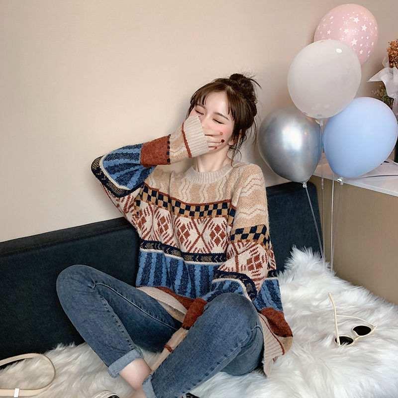 Áo len họa tiết thổ cẩm dài tay INFLACHI dáng rộng phong cách vintage dành cho nữ màu sắc tương phản M235 K-3.1