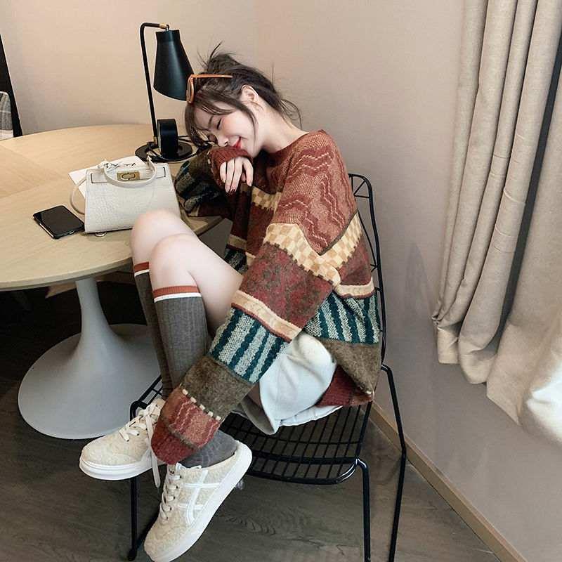 Áo len họa tiết thổ cẩm dài tay INFLACHI dáng rộng phong cách vintage dành cho nữ màu sắc tương phản M235 K-3.1