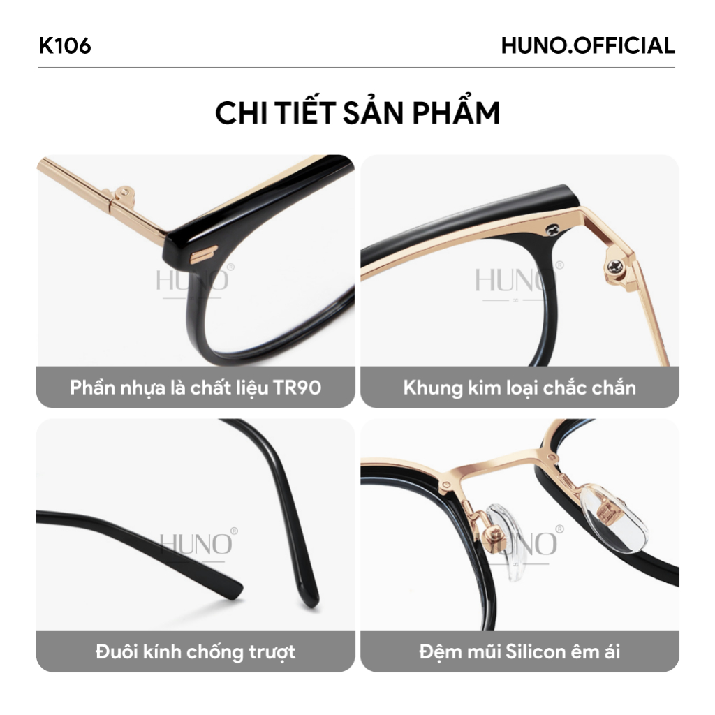 Gọng kính thời trang khung kim loại HUNO cho nam nữ, chống ánh sáng xanh phong cách basic - K106