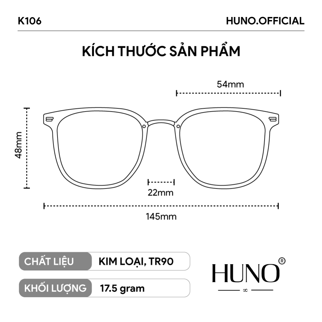 Gọng kính thời trang khung kim loại HUNO cho nam nữ, chống ánh sáng xanh phong cách basic - K106