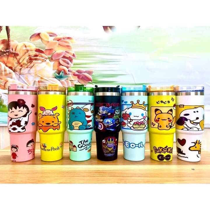 LY GIỮ NHIỆT HOẠT HÌNH 900ML CAO CẤP kèm ống hút nhựa