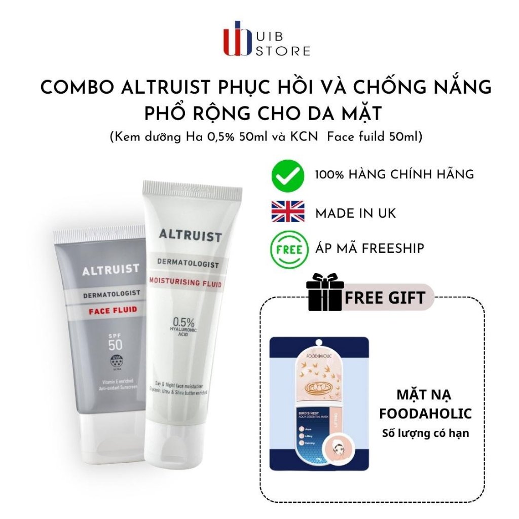 Combo Altruist phục hồi và chống nắng phổ rộng cho da mặt (kem dưỡng Ha 0,5% 50ml và Face fuild 50ml)