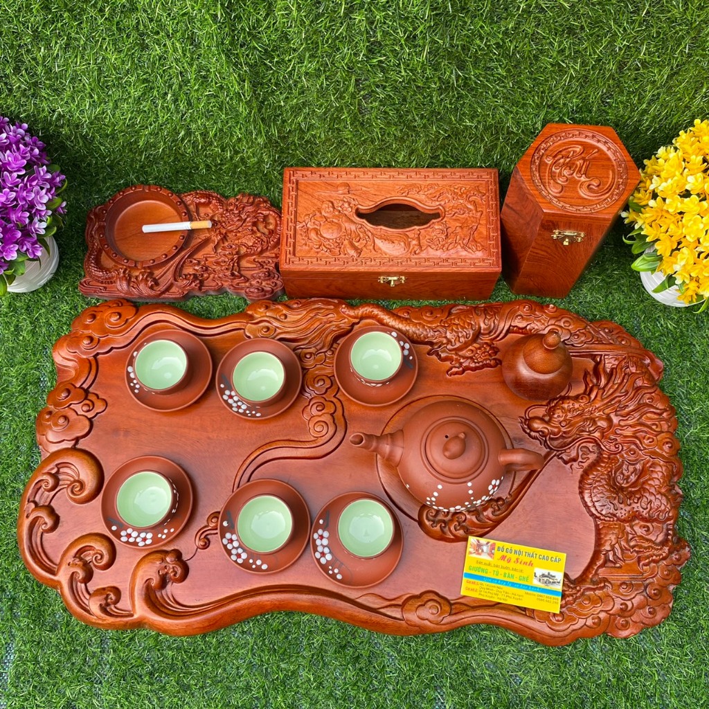 Combo đồ gỗ mỹ nghệ mini rồng phun lửa ấm chén khay trà gỗ hương đỏ, Đồ gỗ nội thất cao cấp hộp giấy lọ tăm