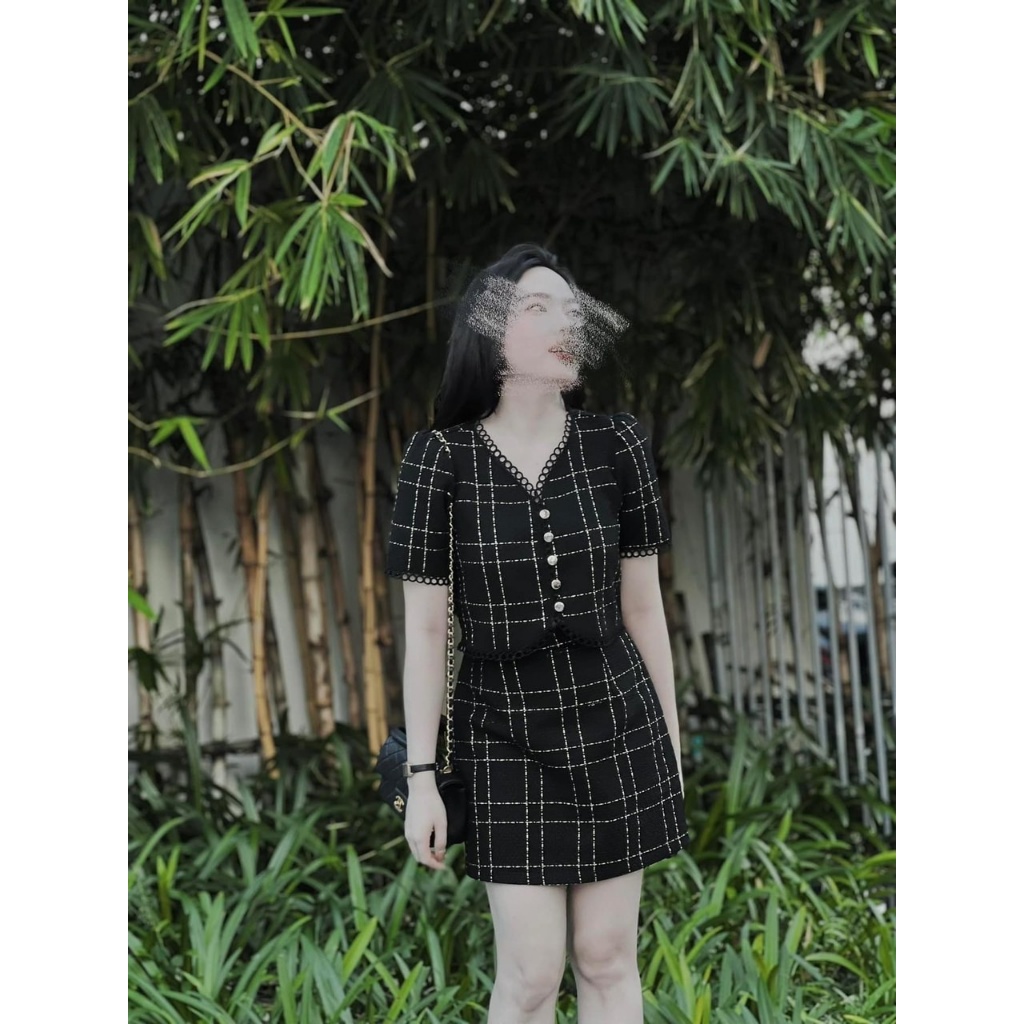 SET BỐ CARO ĐEN VIỀN REN + CHÂN VÁY CARO BỐ ĐEN ONEC