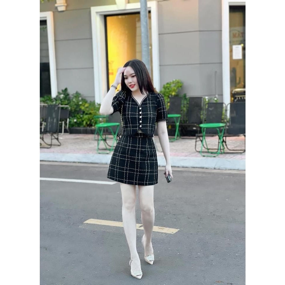 SET BỐ CARO ĐEN VIỀN REN + CHÂN VÁY CARO BỐ ĐEN ONEC