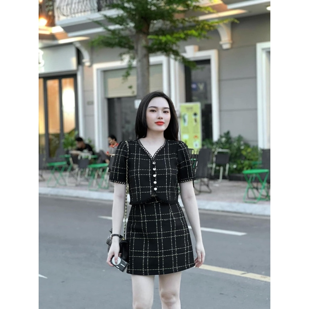 SET BỐ CARO ĐEN VIỀN REN + CHÂN VÁY CARO BỐ ĐEN ONEC