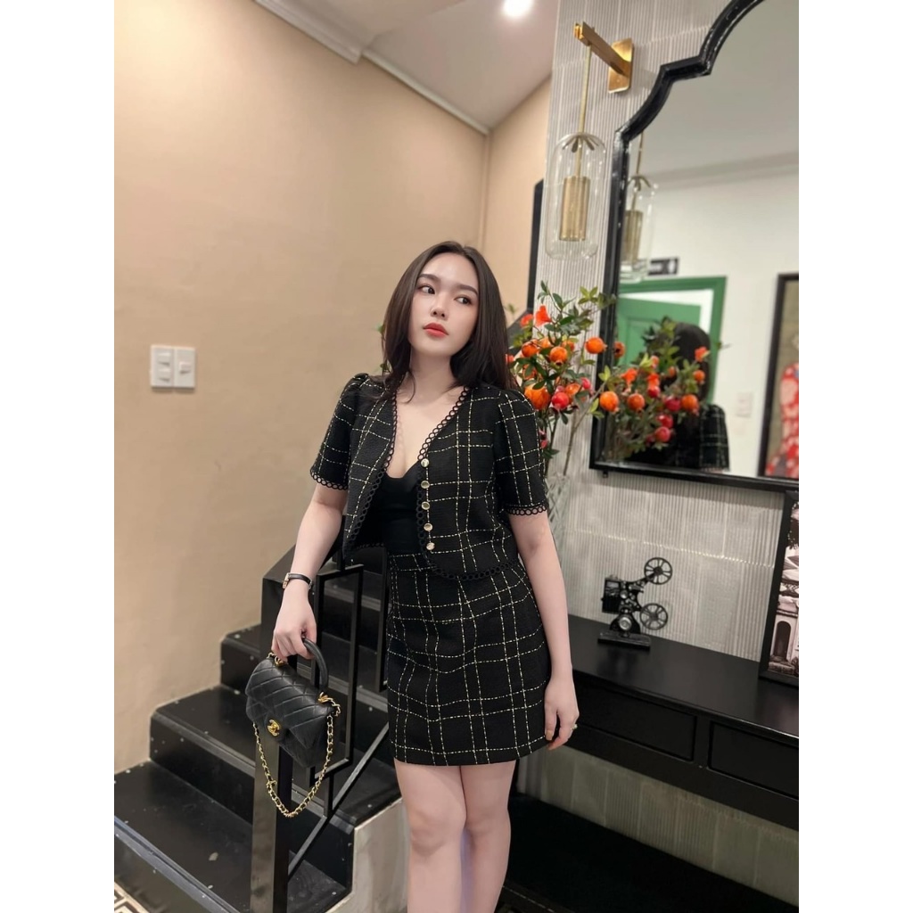 SET BỐ CARO ĐEN VIỀN REN + CHÂN VÁY CARO BỐ ĐEN ONEC