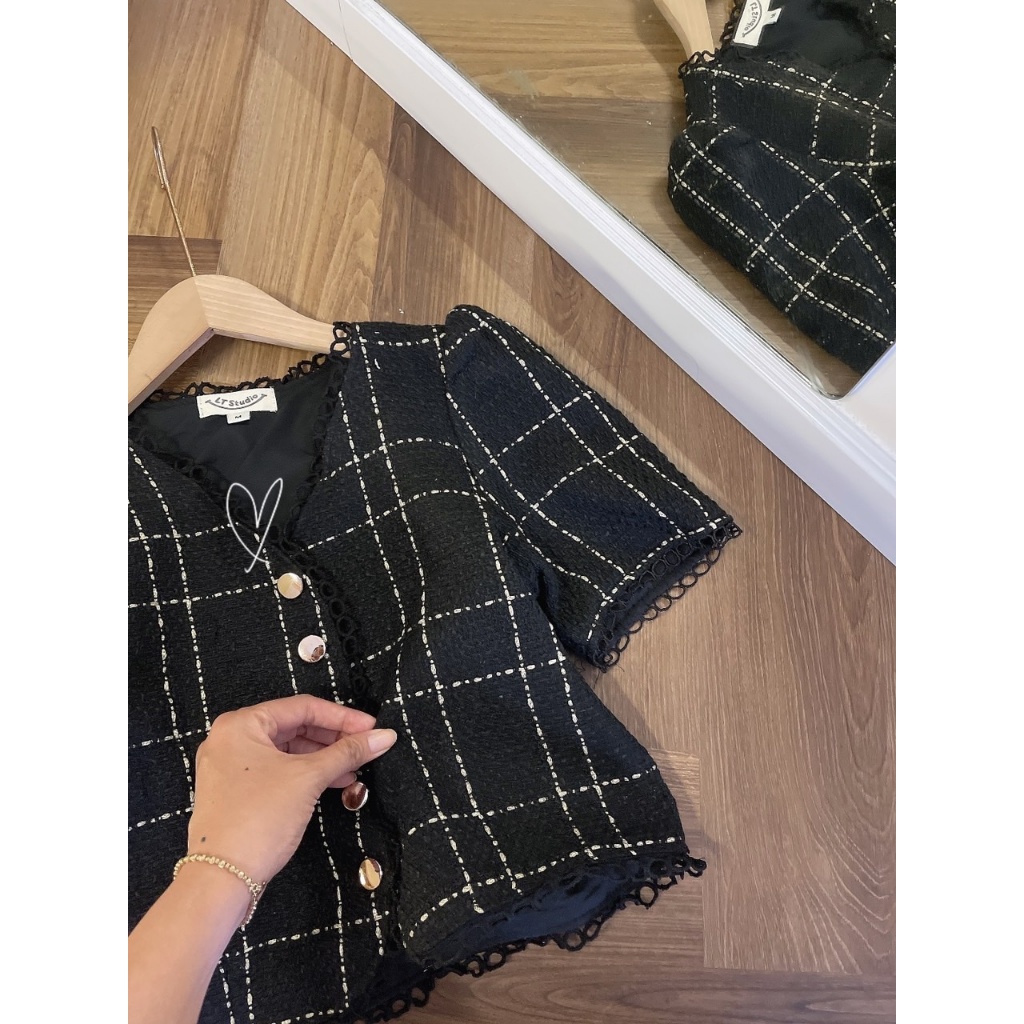 SET BỐ CARO ĐEN VIỀN REN + CHÂN VÁY CARO BỐ ĐEN ONEC