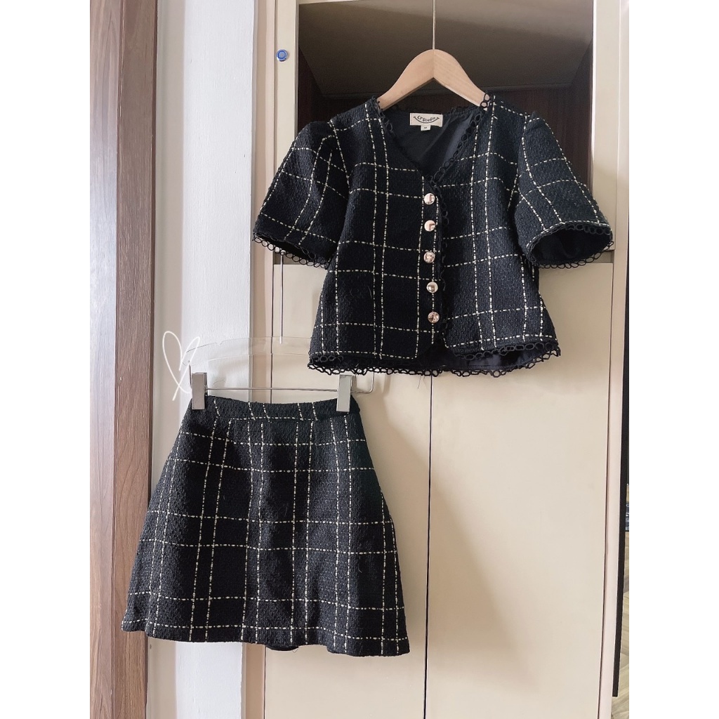 SET BỐ CARO ĐEN VIỀN REN + CHÂN VÁY CARO BỐ ĐEN ONEC