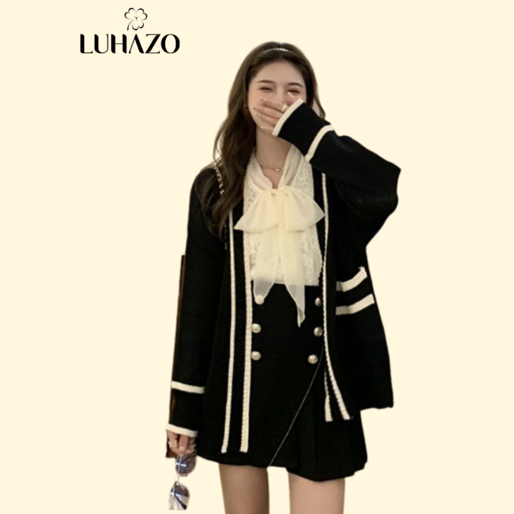 Áo len nữ cardigan tay dài phối viền đen trắng nữ sinh đi học LUHAZOphong cách Hàn Quốc sang chảnh hàng Quảng Châu C1-6