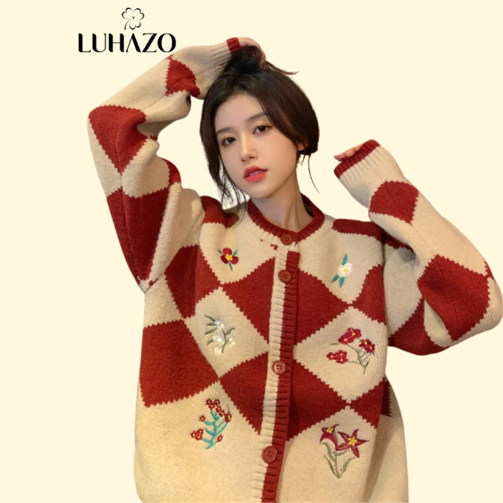 Áo khoác len LUHAZO cardigan nữ tay dài dáng rộng cổ tròn họa tiết kim cương thêu hoa phong cách Hàn Quốc G-12