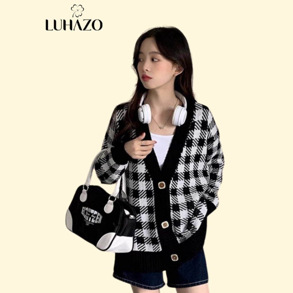 Áo cardigan khoác len nữ tay dài kẻ caro vintage nâu đen LUHAZO form dài rộng chất dày dặn kiểu Hàn Quốc h-12