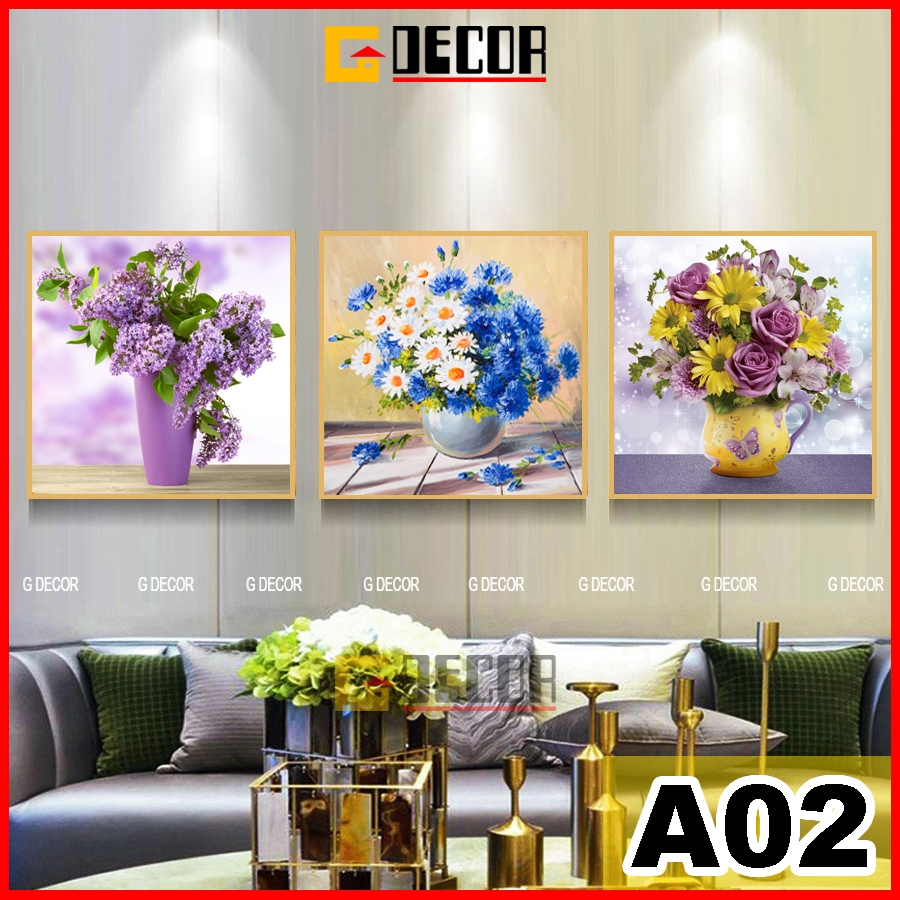 Tranh treo tường vuông canvas 3 bức phong cách hiện đại Bắc Âu A02 tranh lọ hoa trang trí phòng khách phòng ngủ spa