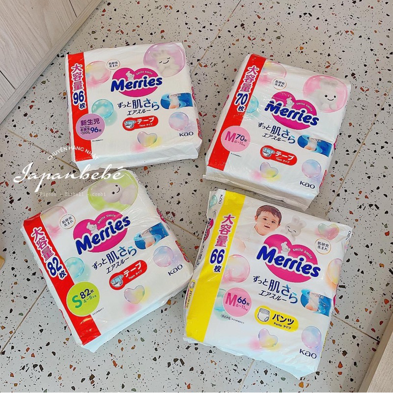 Tã Bỉm quần Merries Jumbo NB96/S82/M70/L56/XL50/XXL32