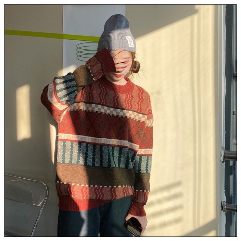 Áo len họa tiết thổ cẩm dài tay INFLACHI dáng rộng phong cách vintage dành cho nữ màu sắc tương phản M235 K-3.1