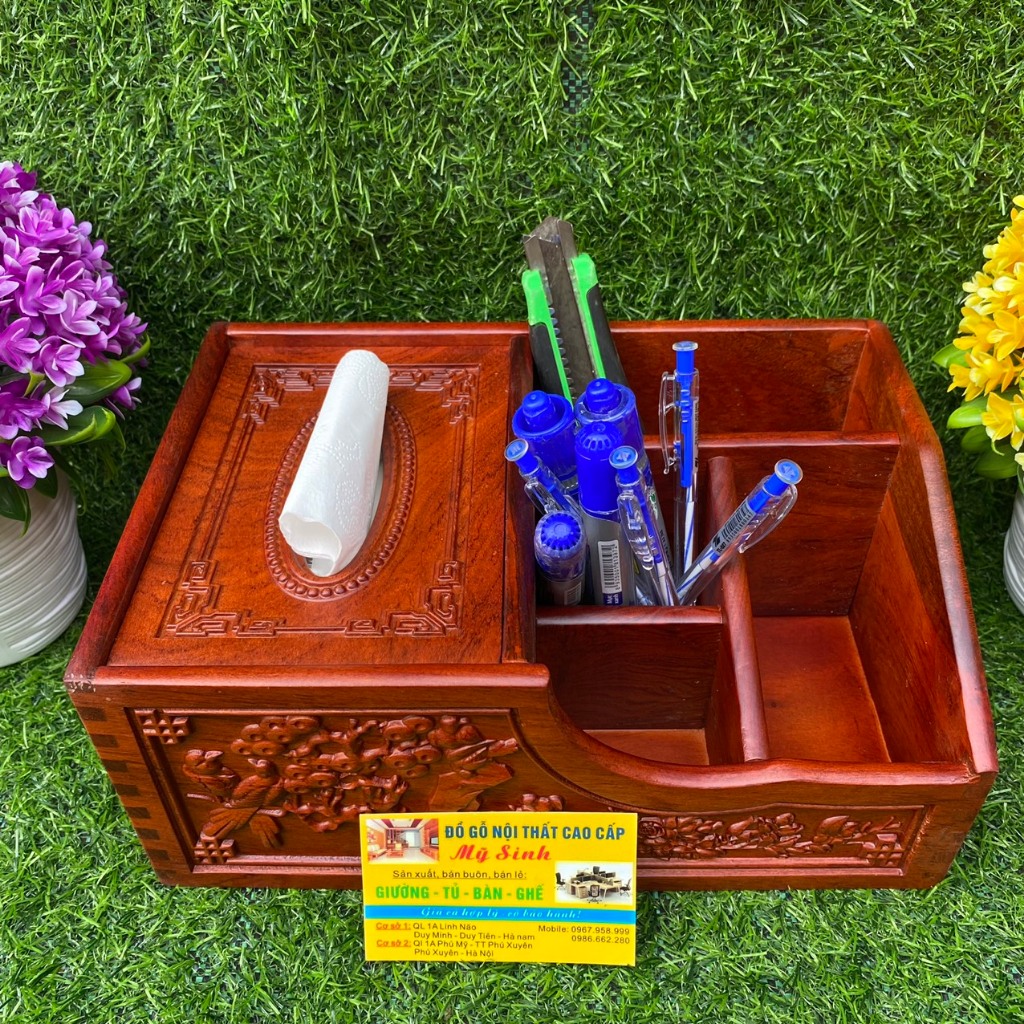 Hộp đựng đồ đa năng giấy ăn bút ống đũa điều khiển để văn phòng bàn làm việc gỗ hương cao cấp, Đồ gỗ VIỆT ANH