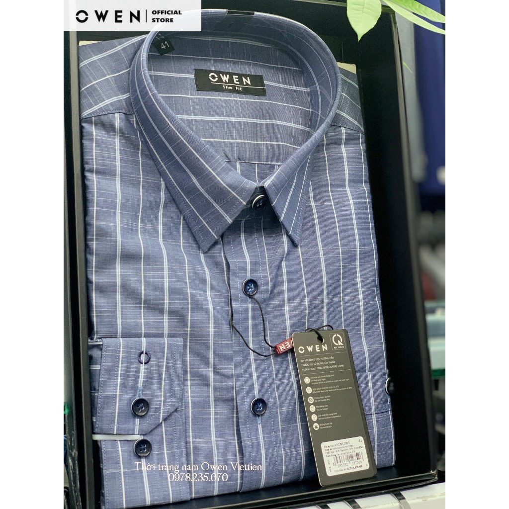 Owen - Áo sơ mi dài tay Slim Fit nền navy kẻ sọc trắng Bamboo 2023