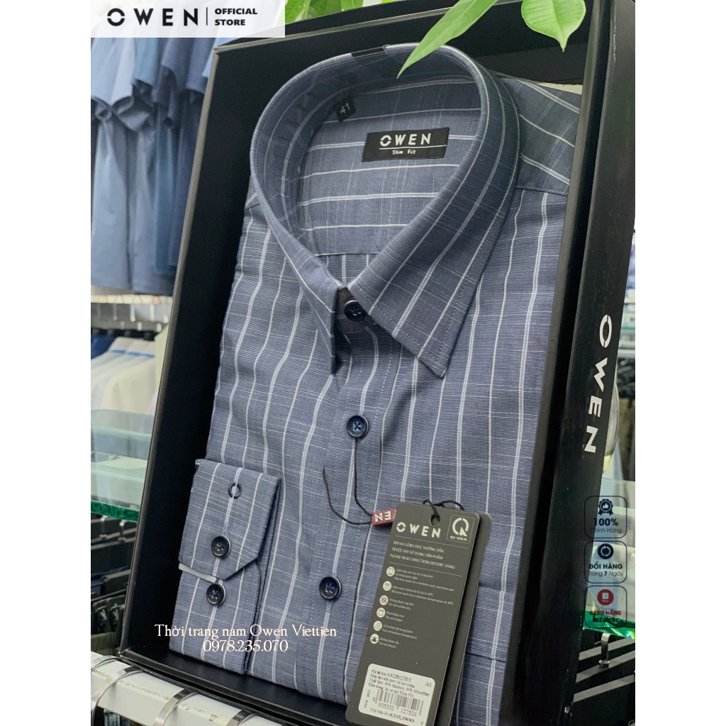 Owen - Áo sơ mi dài tay Slim Fit nền navy kẻ sọc trắng Bamboo 2023