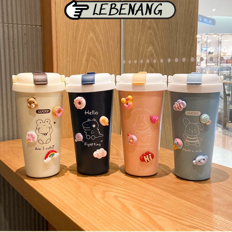 Bình giữ nhiệt cute inox 304 nắp kín 500ml, bình đựng nước cho bé tặng kèm stiker nổi quai đeo Lebenang