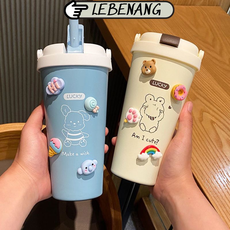 Bình giữ nhiệt cute inox 304 nắp kín 500ml, bình đựng nước cho bé tặng kèm stiker nổi quai đeo Lebenang