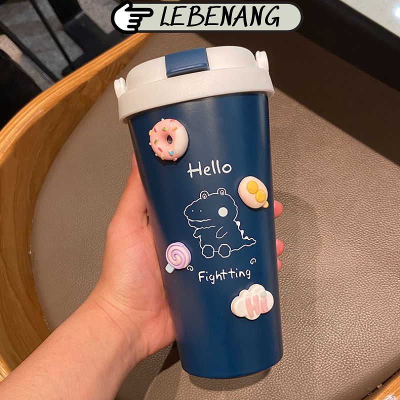 Bình giữ nhiệt cute inox 304 nắp kín 500ml, bình đựng nước cho bé tặng kèm stiker nổi quai đeo Lebenang