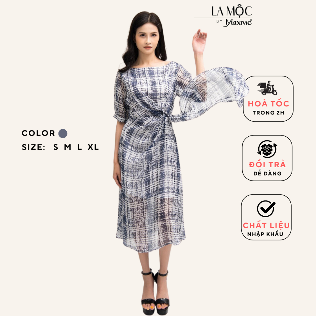 Đầm voan xòe dáng dài, váy voan loang xanh xoắn eo thanh lịch Maxivic, La Mộc - LM72113