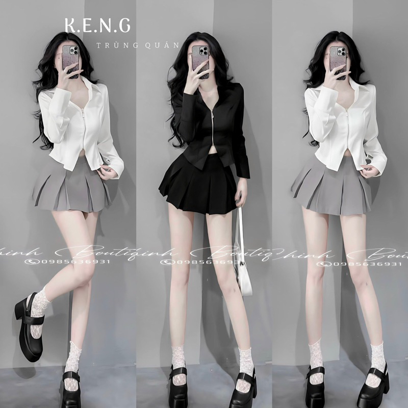 Set áo sơmi khoá đồng chân váy xếp ly trẻ trung