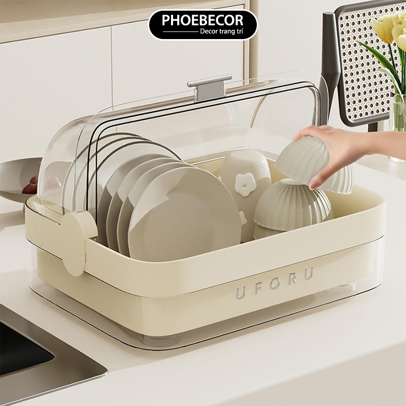 Giá để bát đĩa có nắp đậy lỗ thoát nước để bàn giá đựng đồ đa năng UFORU - PB538