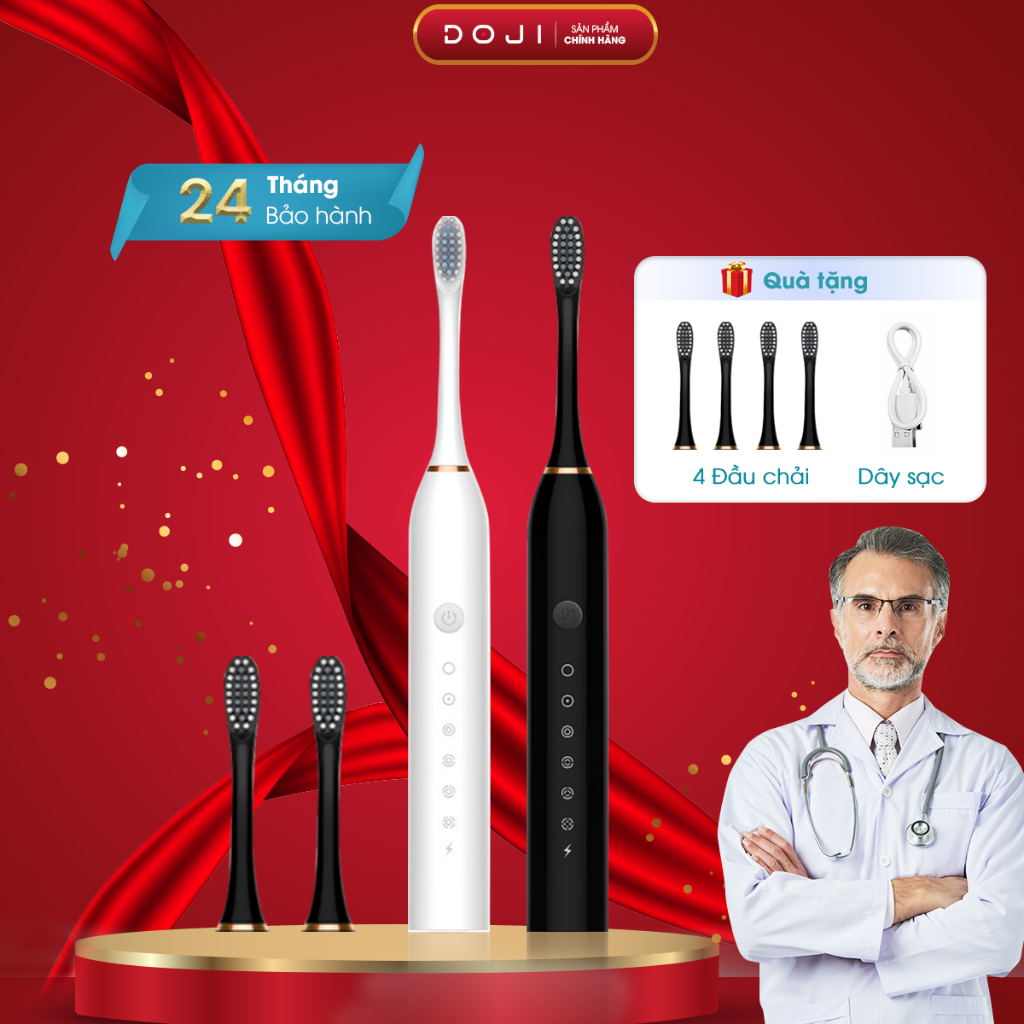Bàn chải điện Doji cao cấp , 6 chế độ, Công suất mạnh, Công nghệ sóng âm, Tặng kèm 4 đầu chải, Doji