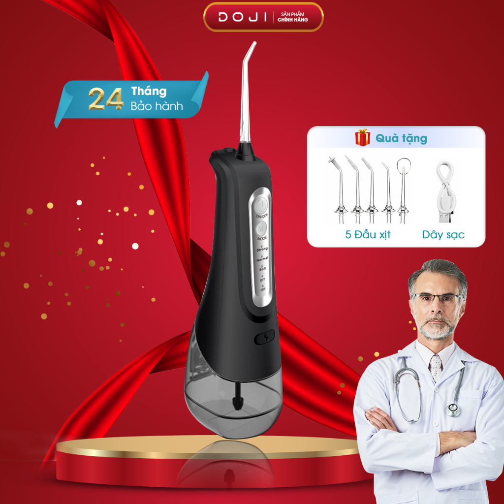 Máy tăm nước DOJI chính hãng thế hệ mới chống thấm nước, 4 chế độ,công suất mạnh, Tặng kèm 5 đầu xịt, dây sạc, Doji
