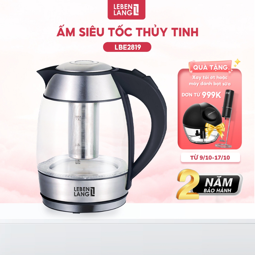 Ấm siêu tốc 1.8 lít bình thủy tinh LEBENLANG từ Đức gồm lõi lọc trà bằng inox, bảo hành 2 năm - LBE2819