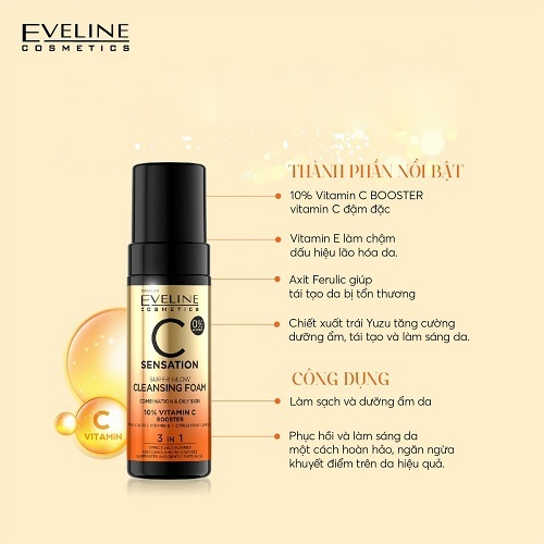 Sữa rửa mặt tạo bọt Eveline vitamin C phục hồi làm trắng da 150ML