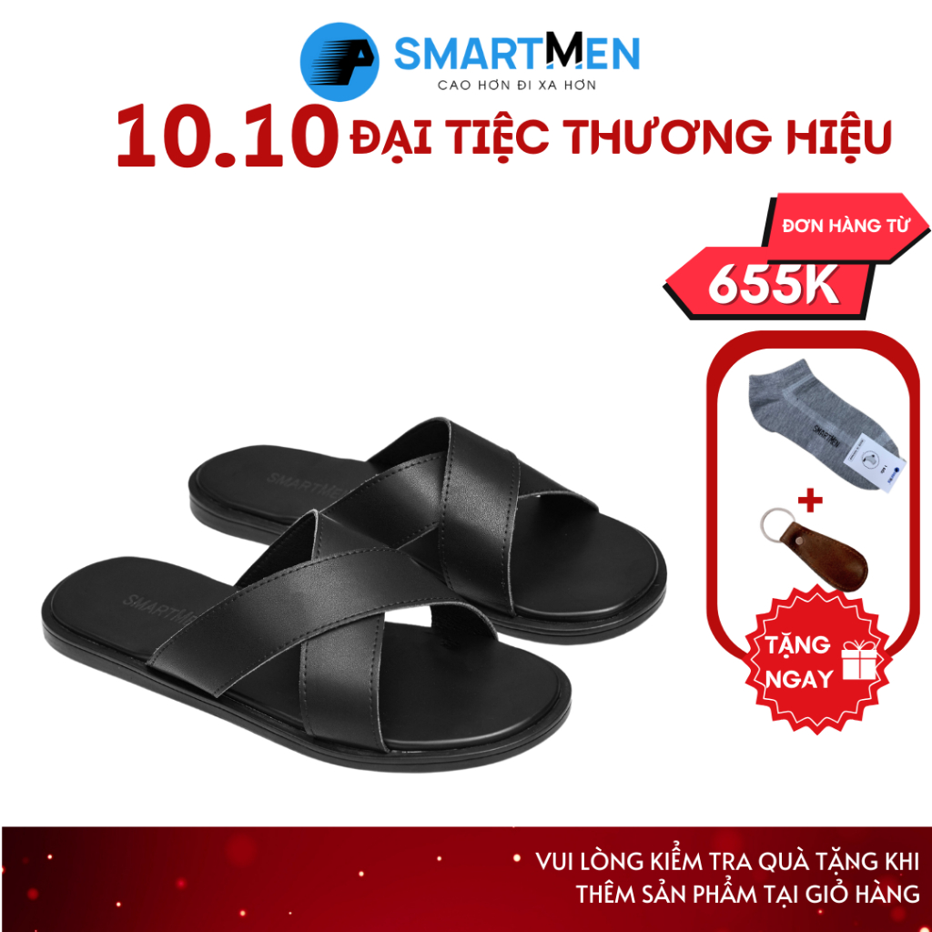 Dép da nam quai chéo da bò cao cấp SMARTMEN DE-05 Đen