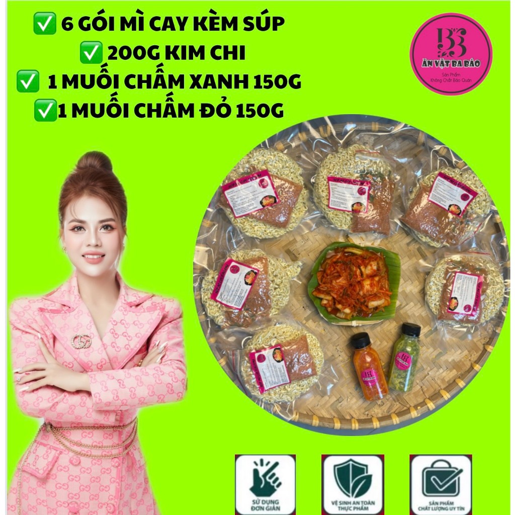 6 gói mì cay ĂN VẶT BA BÁO ĐẬM ĐÀ kèm súp cốt pha sẵn tự nấu chuẩn như tại quán, tặng kèm 200g kim chi,2 Muối chấm 150G
